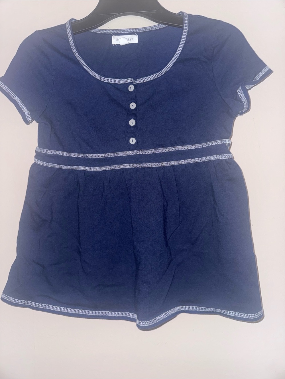 Girls Navy Short-Sleeve Button-Front Top with Contrast Stitching